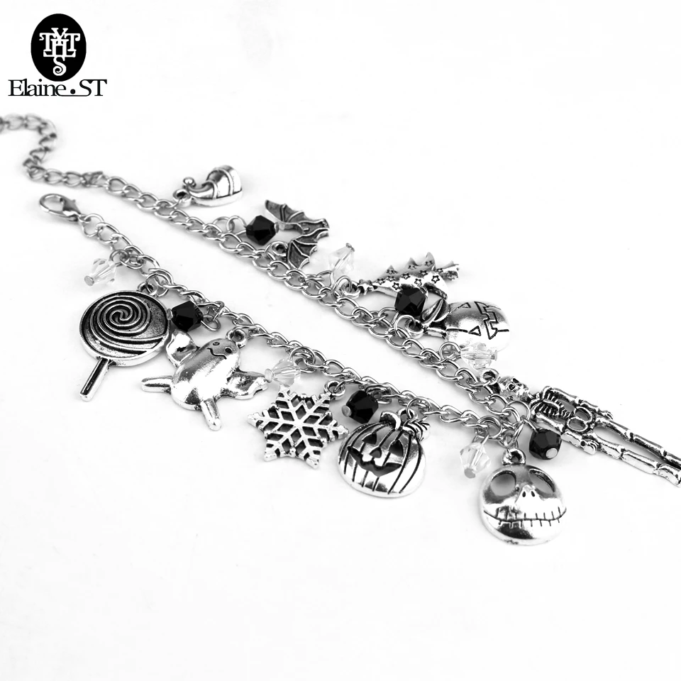 

Hand Stamped DIY Jewelry Nightmare Before Christmas Bracelet & Bangle Snowflakes Bat Crystal Beads Charm Bracelet Christmas Gift