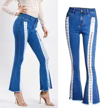Женская мода 3XL плюс размер синие расклешенные джинсы женские кружевные Ленточные штаны с кнопками Femme пуш-ап ремень рваные Широкие джинсовые брюки