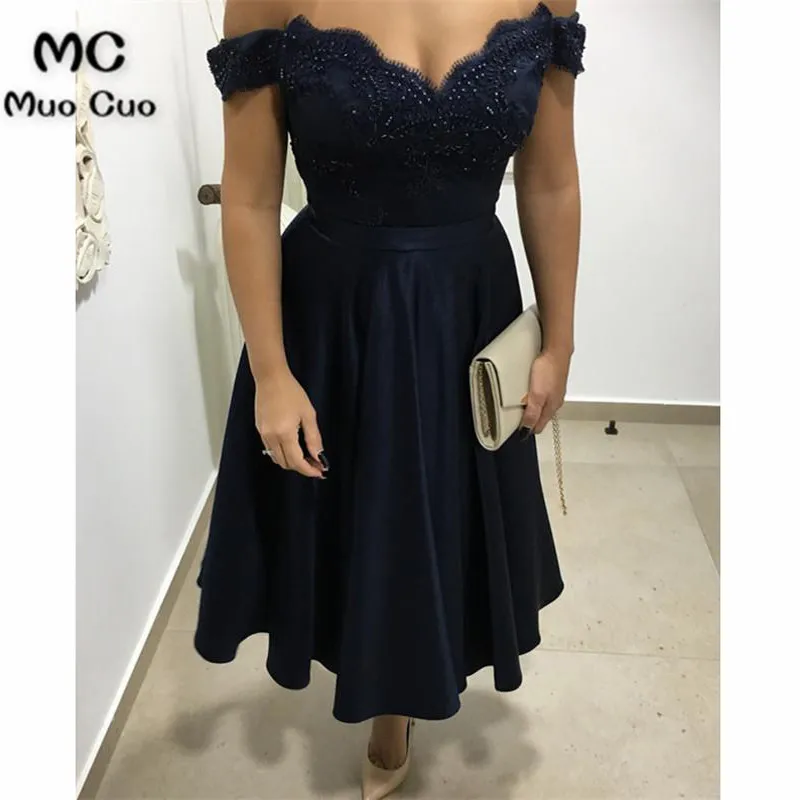A Glamorous Form Satin Tea Length Dress Featuring Lace Appliques V-neckWith off the shoulder design. Perfect For Prom,Evening3