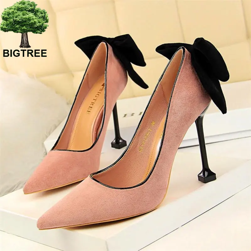 BIGTREE/Очаровательная однотонная женская обувь черного цвета с бантом-бабочкой модная женская обувь из флока с острым носком на тонком высоком каблуке 9,5 см