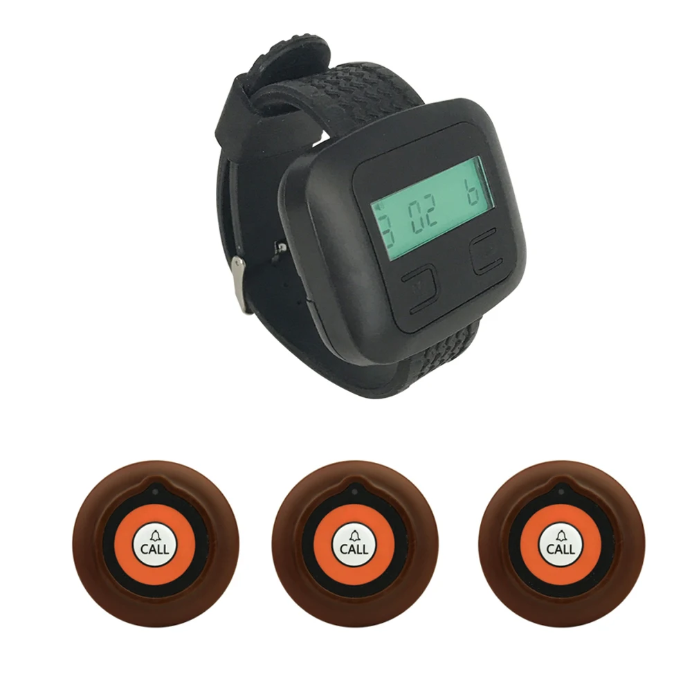 

JINGLE BELLS wireless calling system cafe, hotel, offic 3 call button+1 watch pager receiver call restaurant pager system 433MH