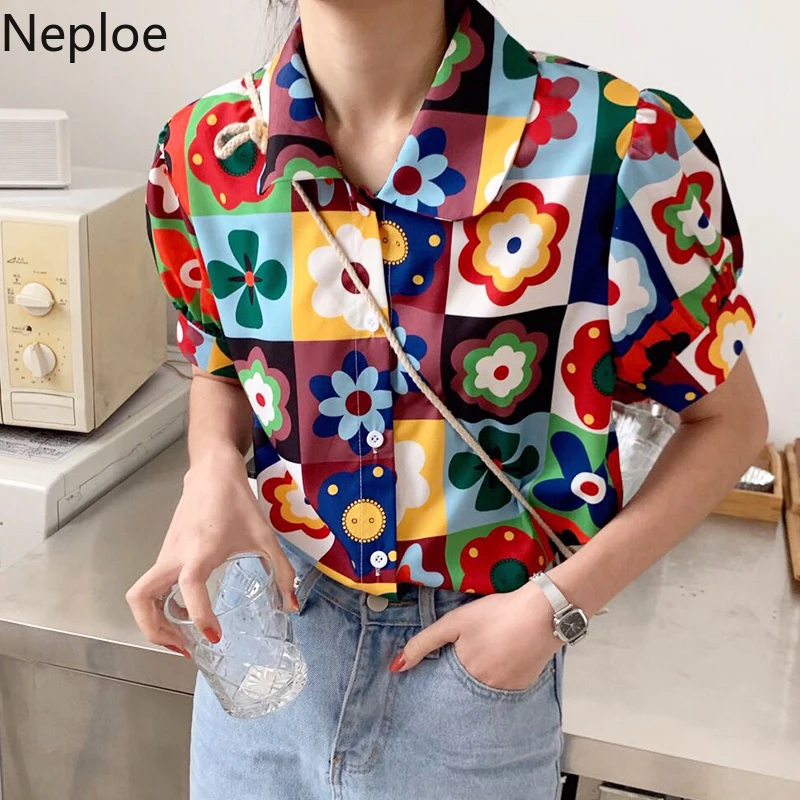

Neploe Korean Flower Women Shirt Short Puff Sleeve Causal Blouse 2019 Summer New Turn Down Collar Single Breasted Blusas 52771