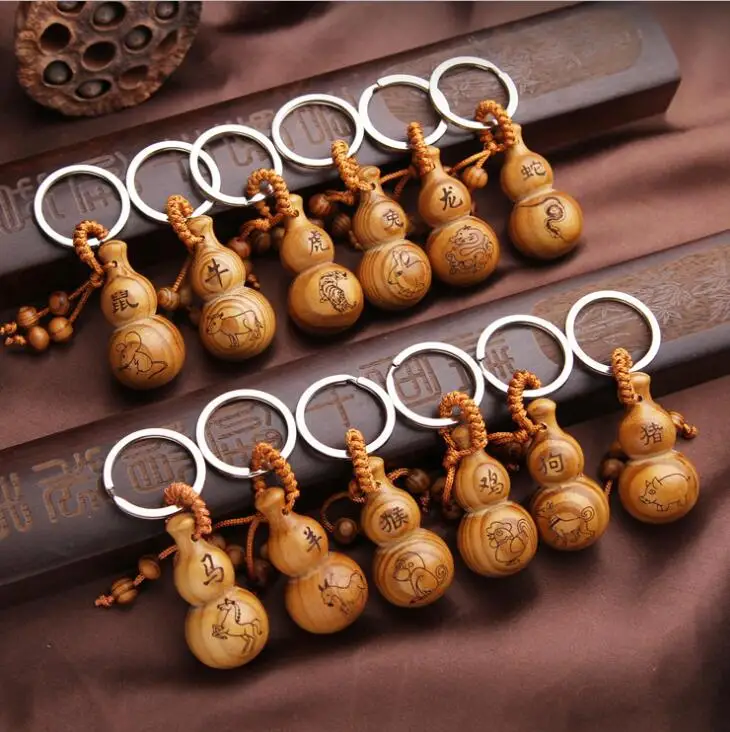 

Chinese Peach Wood Carved Word Safe And Good Luck Word Twelve Zodiac Animal Gourd Cucurbit Exquisite Car Key Chain Pendant