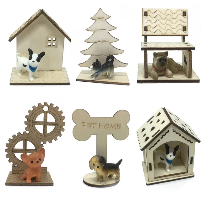 

1pcs Wooden Puzzle +1pcs Random Pet Action Figure Model Toys Creative DIY House & Animal Dog Cat Home Decoration Toys For Kids