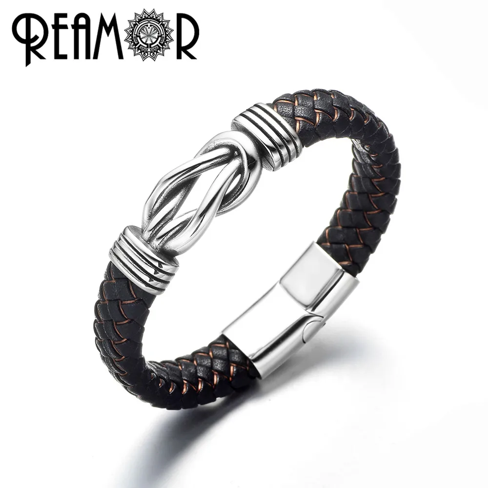 REAMOR Luxury 316L Stainless Steel Knot Connector Cuff Bracelets