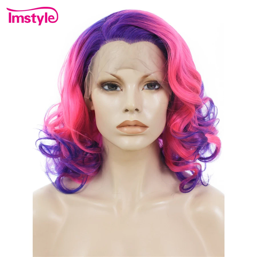 Imstyle короткий парик Камелия фиолетовый к темно розовым Омбре синтетические