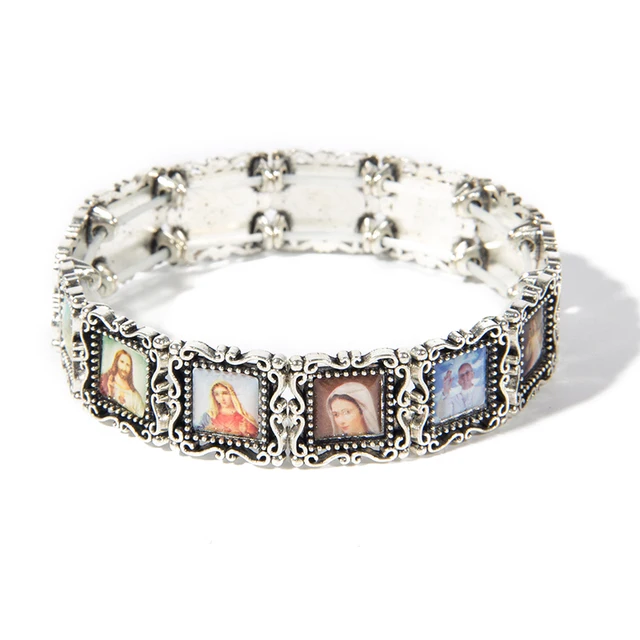 religious Elasticated Alloy Small Square Catholic Saints Bracelet