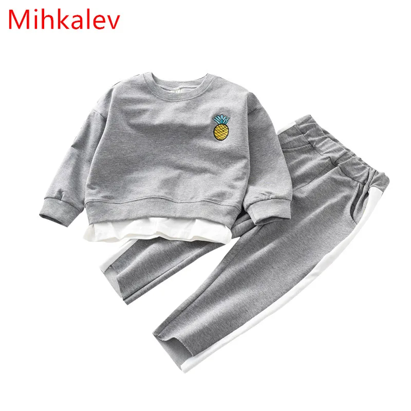 

Mihkalev Cotton grey girls clothing set 2017 size 8T Active children autumn sport suits for 2PCS kids tracksuit girl outfits