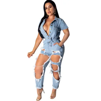 

Summer new women's sexy hole denim jumpsuit casual loose short-sleeved scrub washed denim jumpsuit