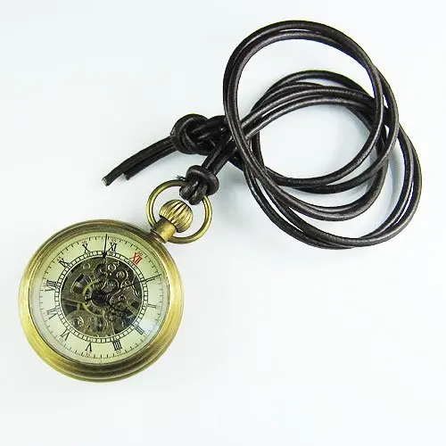 

Mini Watch Good Brass Antique Small Hollow Mechanical Pocket Watch+Leather Chain