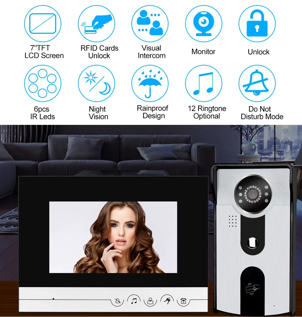 7 ''Проводная видеодомофон система видео дверной звонок RFID Контроль доступа цветной монитор с 700TVL ИК камера водонепроницаемый брелоки