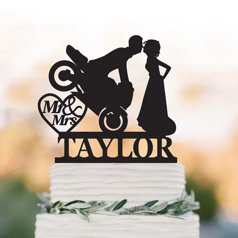 Custom Mr And Mrs heart Wedding Cake topper with motor personalize wedding Acrylic Silver cake topper unique wedding cake topper