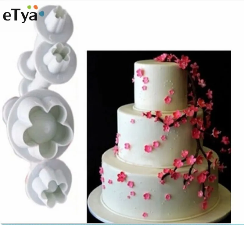 

4pc Plum Blossom Spring Die Sugar Cakes Baked mould Plastic Utensils Cookie Fondant Modeling Tools Embossed Stamp Plunger Cutter