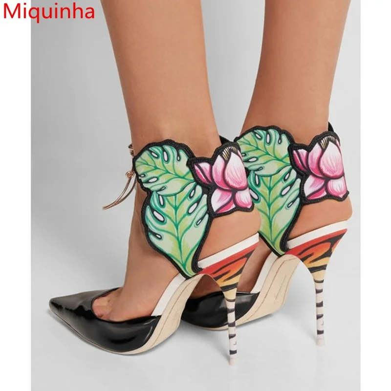 

Lotus Flower Decor Green Leaves Embellished Women Lace Up Shoes Sexy High Thin Heel Pointed Toe Women Runway Party Bridal Sandal