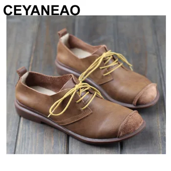 

CEYANEAO Women Shoes Spring/Autumn Genuine Leather Flat Shoes Round toe Lace up Flats Ladies Moccasins 2018 Fashion Footwear