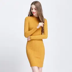 Осень-зима Slim Fit Для женщин свитер мода вязаный эластичный пуловер свитер Повседневное одноцветное Цвета круглым вырезом женское платье