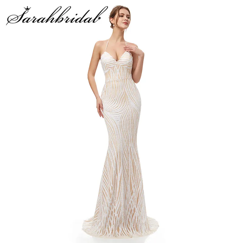 

Sexy Backless Evening Dresses New Arrivals Mermaid Sequins Halter Bow V-neck Floor Length Zipper Charming Party Gowns CC5288