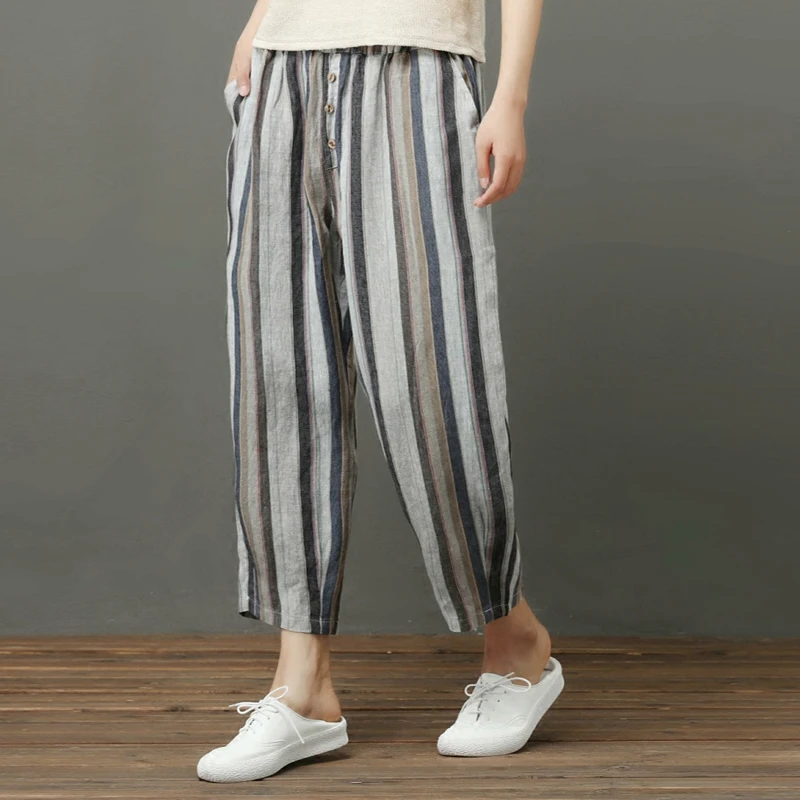 Harem pants for women casual capris cotton linen loose striped high ...