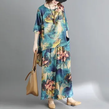 

#0806 Vintage Two Piece Set Top And Pants Women Long Asymmetrical T Shirt Half Sleeve Wide Leg Pants Floral Printed Oversized
