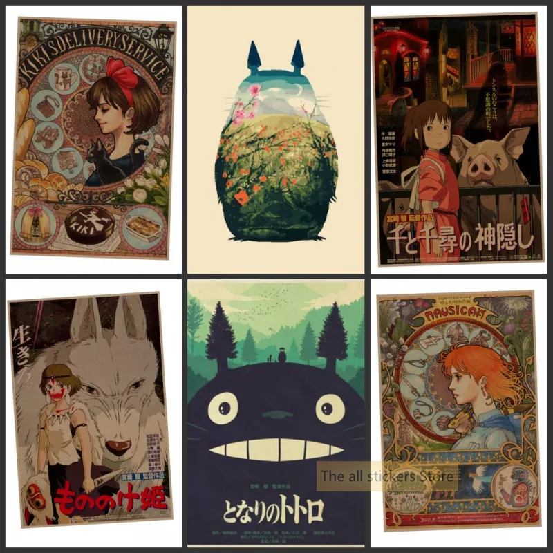 

popuiar Cartoon Anime Hayao Miyazaki Totoro Spirited Away Poster Cafe Kid Home Decor Retro Kraft Paper Wall Sticker /H1030