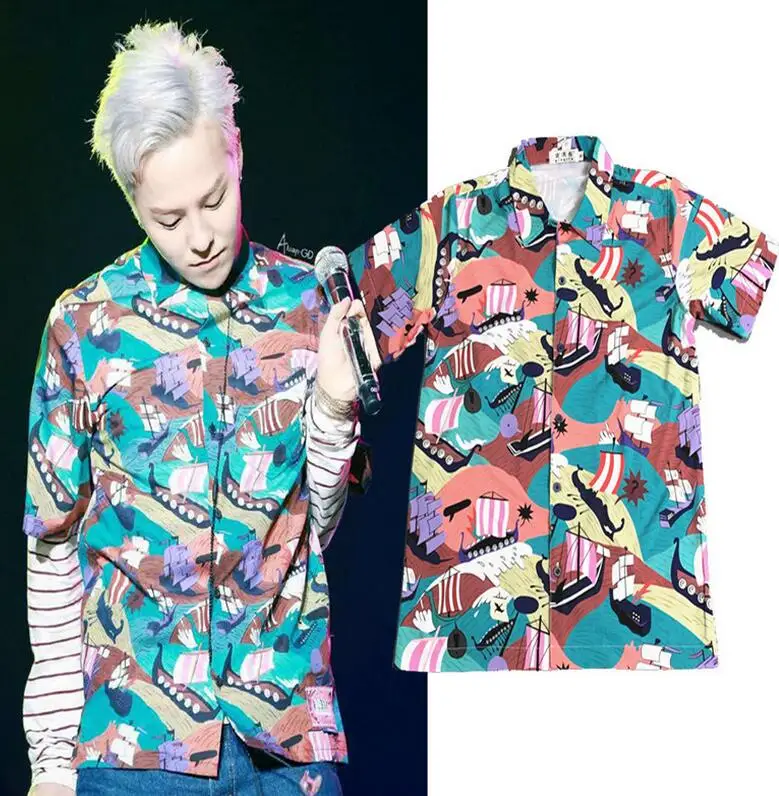 

Harajuku Voilier Pattern Hawaii Shirt Unisex Short Sleeve Turn Down Collar Beach Shirts
