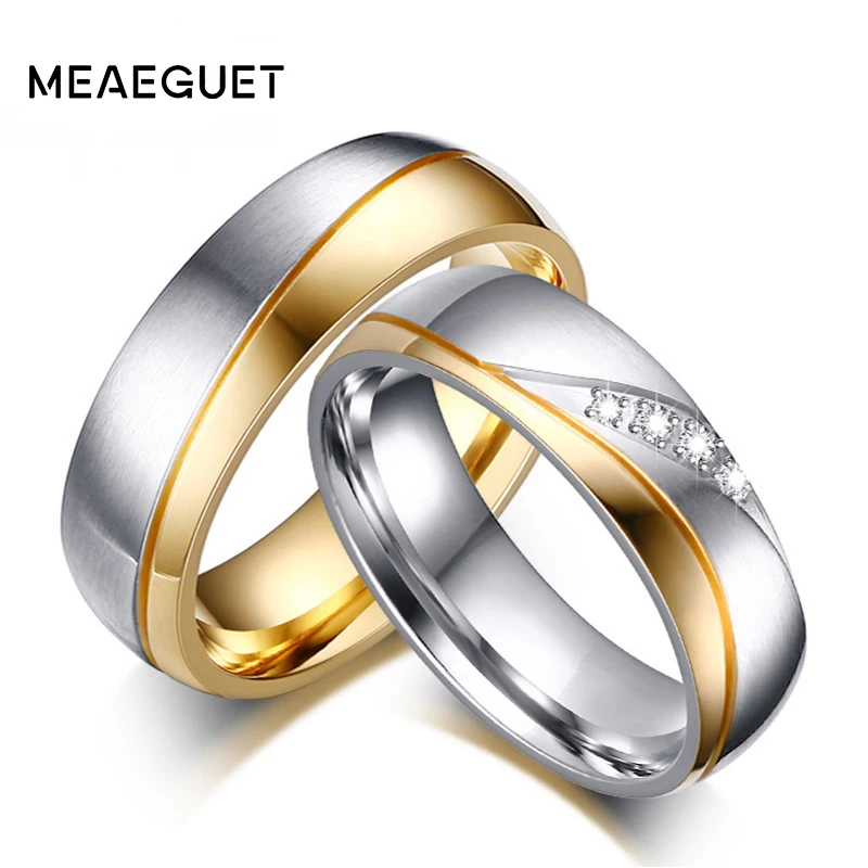 Meaeguet ռոմանտիկ հարսանեկան օղեր սիրահարների համար ոսկե գույնի չժանգոտվող պողպատից զույգի օղակների համար ՝ ներգրավվածության երեկույթի զարդերի հարսանեկան նվագախմբերի համար