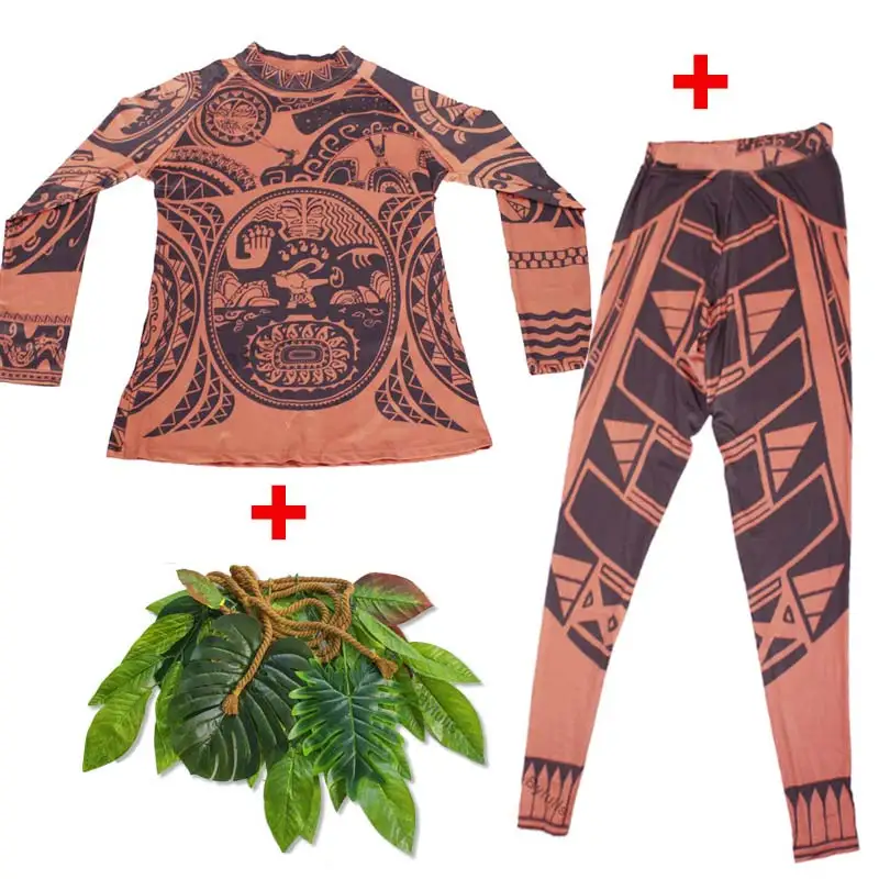 

Full Sets Moana Maui Costume with T Shirt Pants Leaves Belt Halloween Party Men Fancy Vaiana Maui Outfit Suit Cosplay for Adult