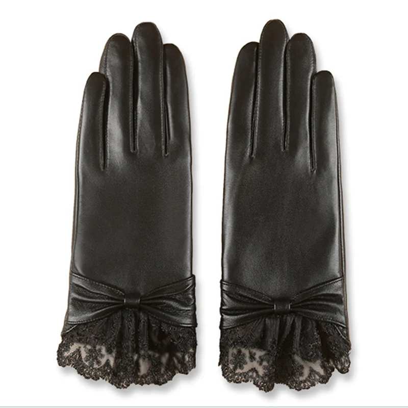 Кожаные перчатки женские зимние перчатки из овчины с сенсорным экраном плюс бархатные толстые теплые короткие Секции Тонкие кружева для вождения BJ05 - Цвет: black