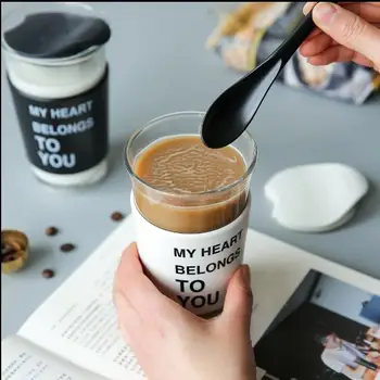 

New Creative Adiabatic Individual Drinking Cup with Spoon Practical Fashion Portable Glass Cup Exquisite Coffee Drinkware