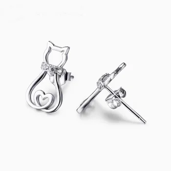 

Hot Sale Cute Zircon Cat Stud Earrings 100% 925 Sterling Silver Earrings Women Fashion Sterling Silver Jewelry