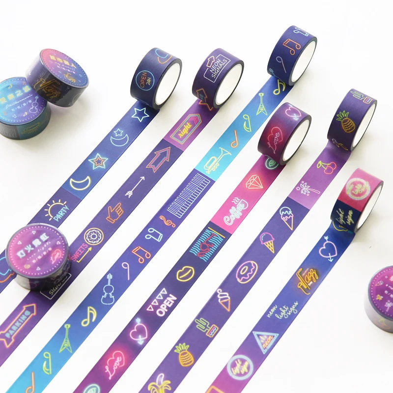 

5 pcs Neon light signs paper washi tape set Rainbow color Decoration adhesive 20mm masking tapes sticker diary Stationery A6827