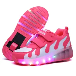 Розовая детская обувь с светодиодный детский ролик Сникеры на подошве с подсветкой Heelys колеса светящийся светодиодный осветительный