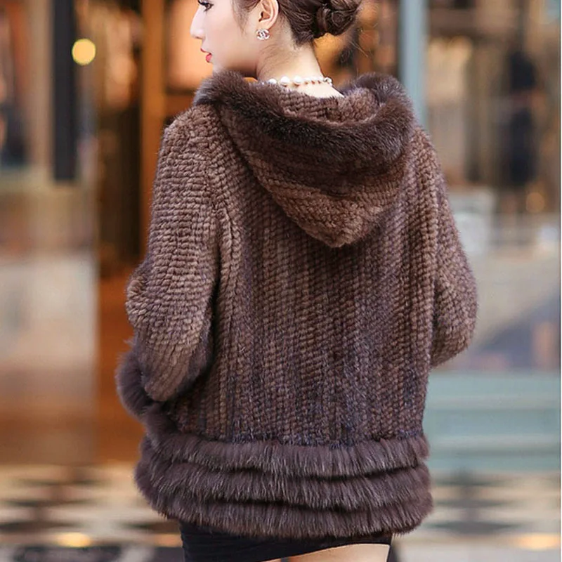 Veste Survêtement Lady Vente Chaude Tricoté Fourrure Manteau Manteaux Naturel balck Mode Vêtement Capuche Brown Avec Vison De Femmes Hiver Véritable my0wnvN8O