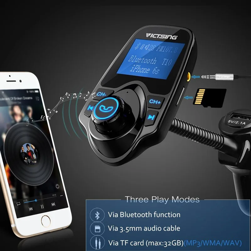 VicTsing Bluetooth FM Transmitter Wireless Car Radio Adapter MP3 Player FM Modulator with Car Charger Hands-free Talking Car Kit (4)