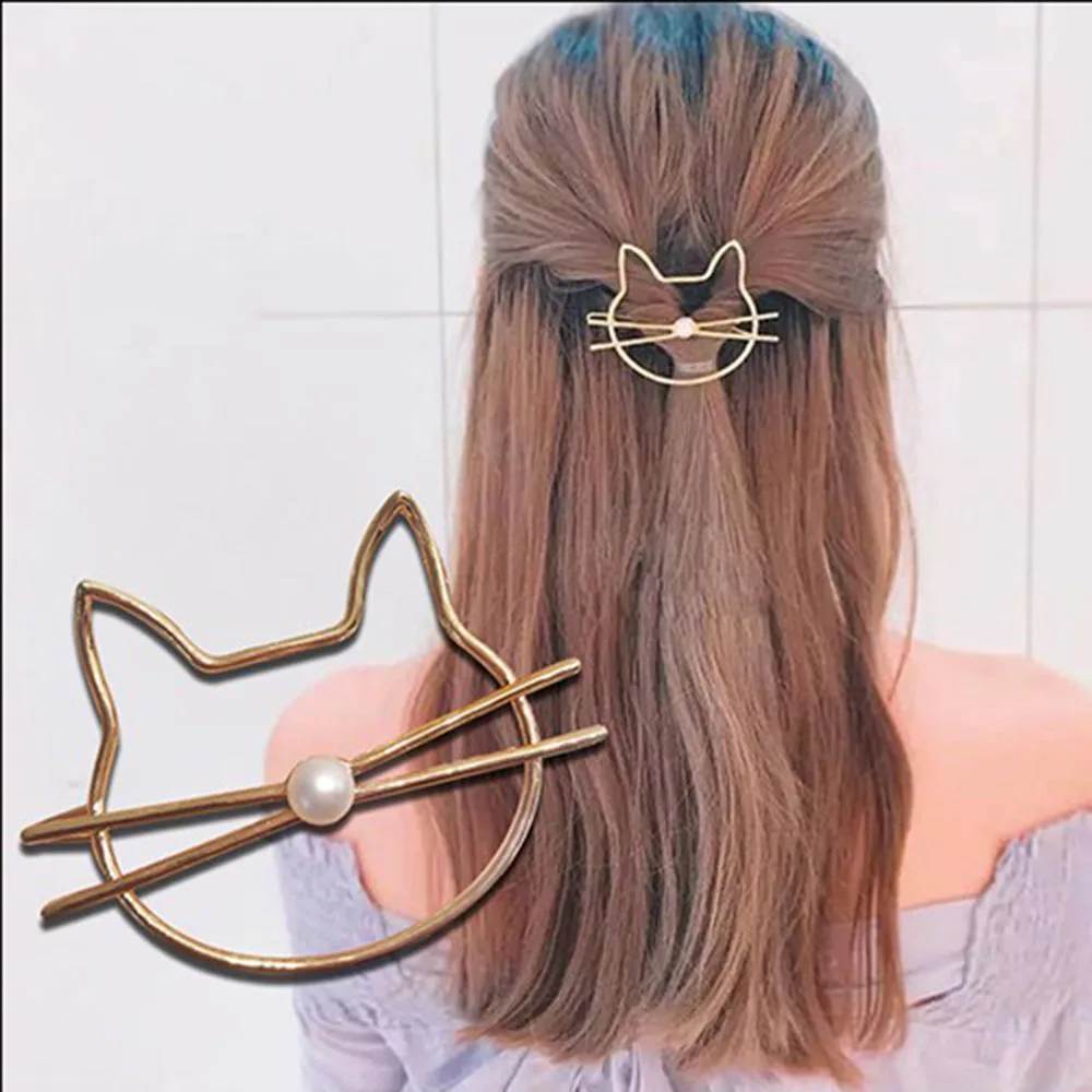 

Cute Beauty Crystal Cat Pearl Gold Headwear Hairpin Hair Clip Women Jewelry