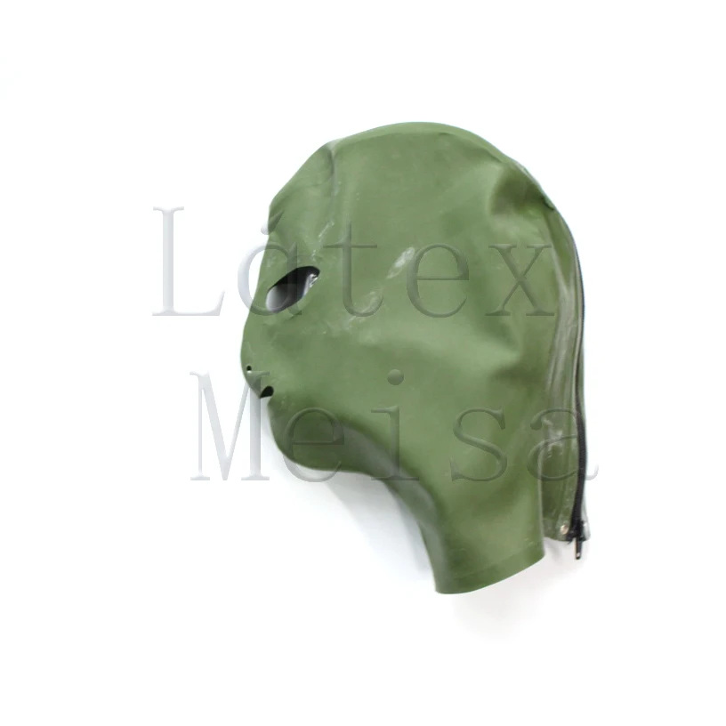 

Olive green color latex hoods Fetish with back zip for adults