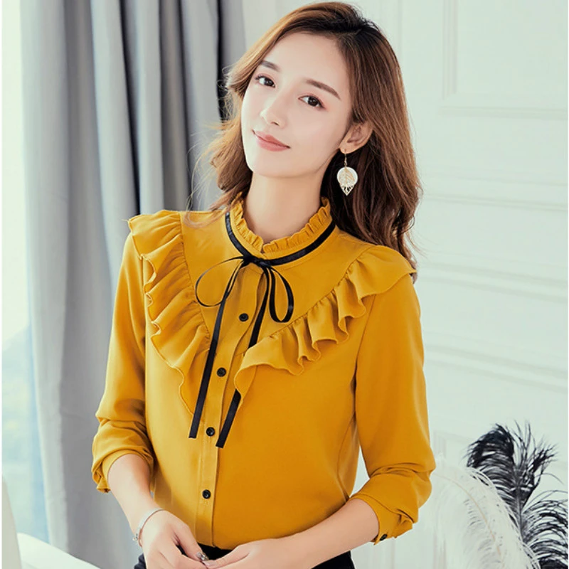 Novedad de otoño 2019! Blusas para mujer, Blusas a moda de manga larga, camisa de trabajo de oficina, elegante blusa de princesa ajustada, Top con volantes|Blusas y camisas| - AliExpress