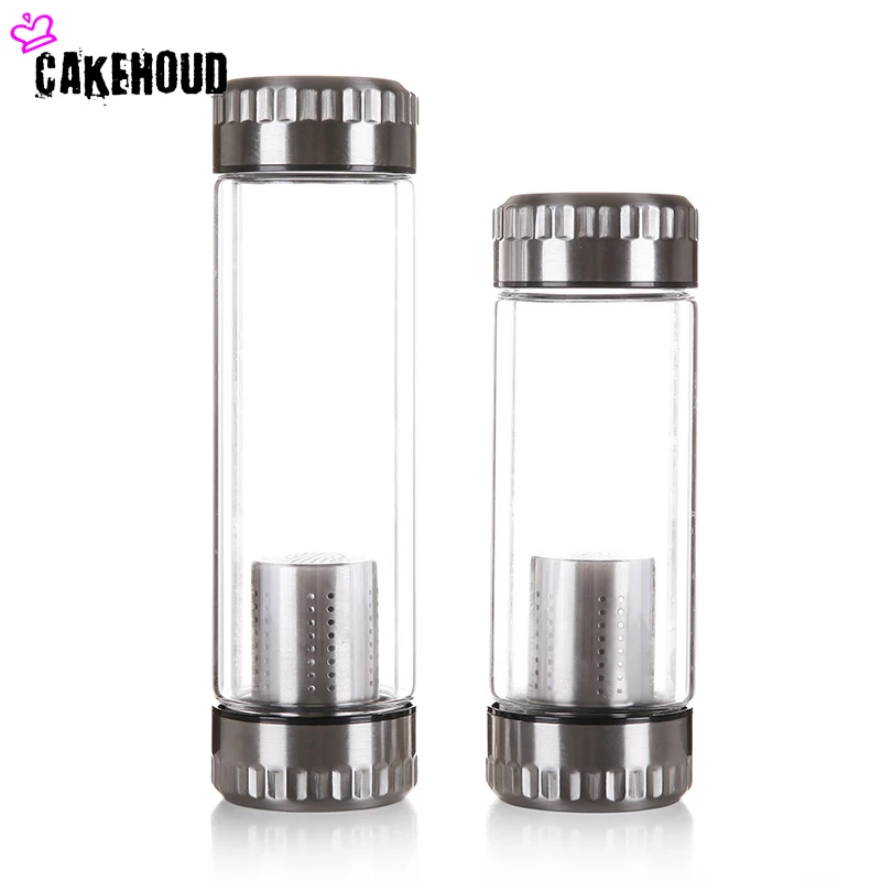 400ML Business Type Water Bottle Glass Bottle with Stainless Steel Tea Infuser Filter Double Wall Glass Sport Water Tumbler