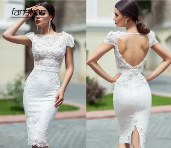 

White Muslim Evening Dresses Mermaid Appliques Beads Knee Length vestidos de festa Dubai Saudi Arabic Evening Gown Prom Dress