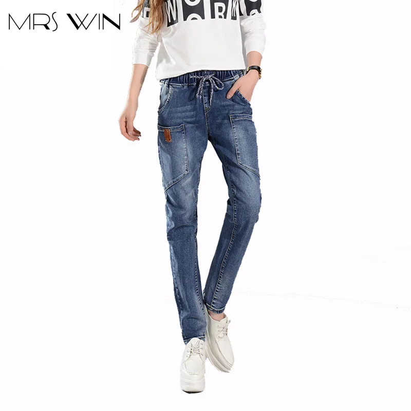 

Mrs win Jeans Women Harem Pant New Fashion Trousers Long Vintage Pocket Plus Size summer Female Denim Pants blue office Jeans