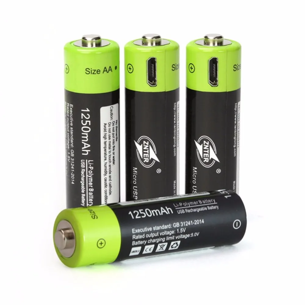 ZNTER AA 1,5 V 1250mAh аккумулятор 2/4 шт USB быстрая зарядка перезаряжаемый литий-полимерный аккумулятор заряжается кабелем Micro USB