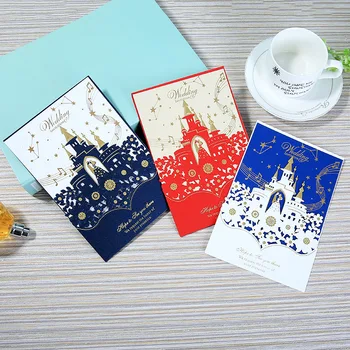 

(10 pieces/lot) New Romantic Castle White Red Blue Wedding Invitations Bride And Groom Floral Marriage Invitation Card IC119