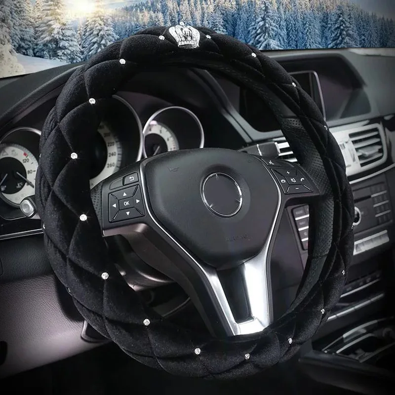 Hot Winter Steering Wheel Cover Diamond Crystal Crown Auto Fur Steering