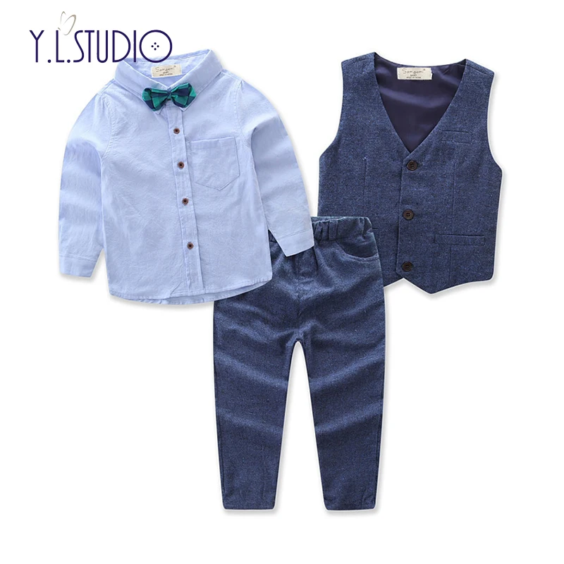 

3pcs Boy's Formal Fitted Set in Cotton 1pc Blouse with Bow Tie + 1pc Vest + 1pc Long Pant Euro/American Styling Party Clothing