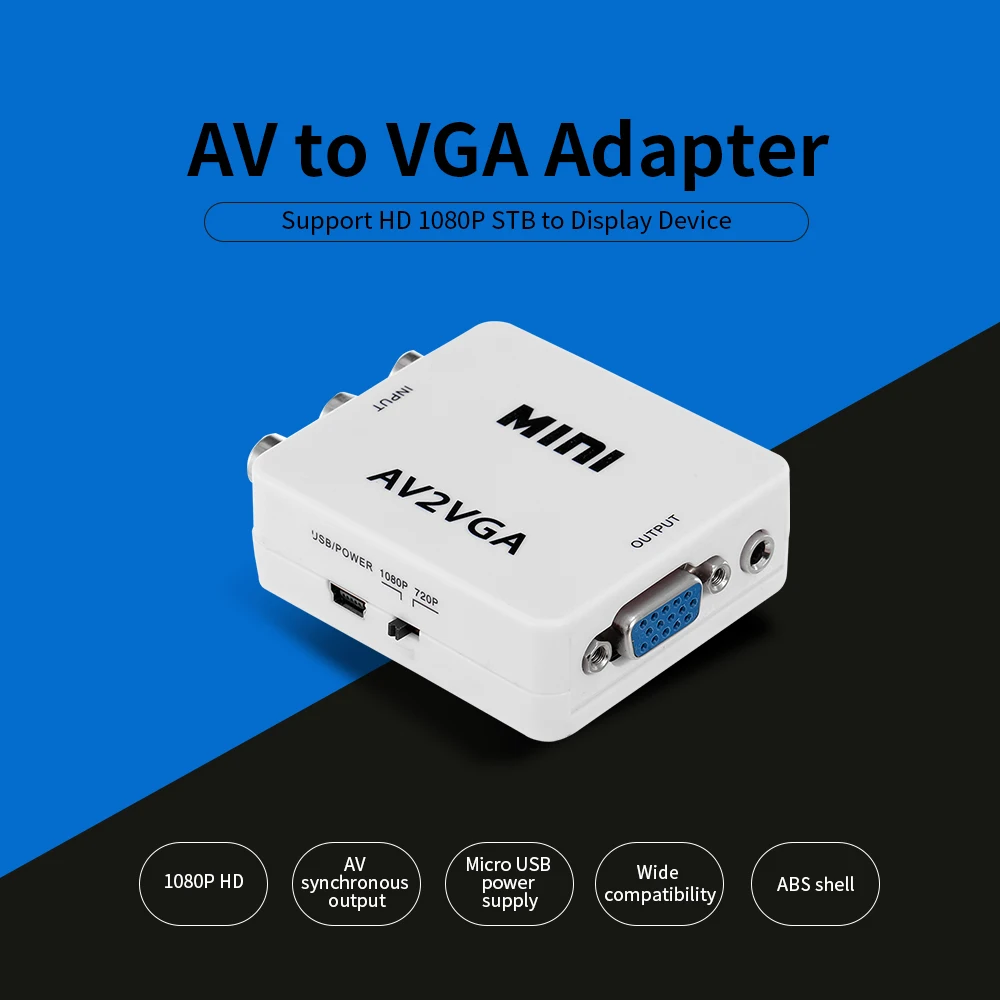 1080P HD AV в VGA адаптер мини конвертер ABS корпус видео для STB/компьютера
