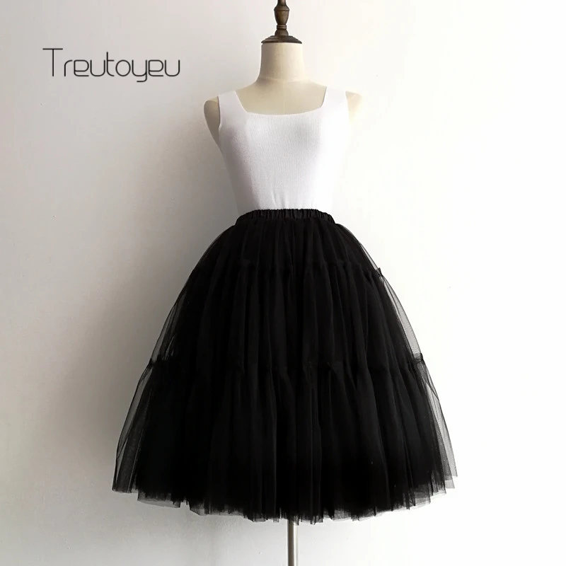 

5 Layers Midi Tulle Skirt Vintage Tutu Skirt High Waist Pleated Skirts Womens Lolita Mesh Skirt 2017 faldas mujer saia midi jupe