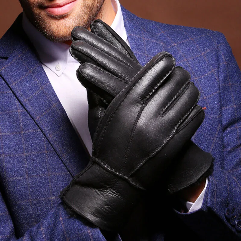 Men's genuine leather gloves winter warm Austrialia sheep fur gloves waterproof men cycling driving motorcycle glove ski mittens
