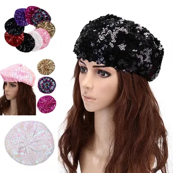 

2019 Hot 9 Colors Women Shiny Sequins Beret Fashion Jazz Glitter Dance Round Cap Ladies Costume Accessories Beanie Hat