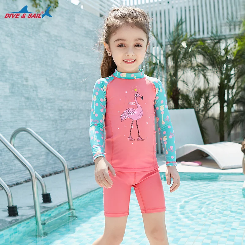 

Gilrs Swimsuit Pink flamingo Printed Two Piece Set Rash Guards Swimwear Long Sleeve Shorts Dive Skin Sun Protection 3-10Y Kids