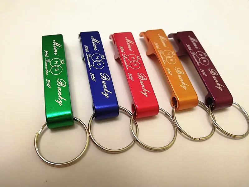 100pcs Personalized Engraved Bottle Opener Key Rings Wedding Name and